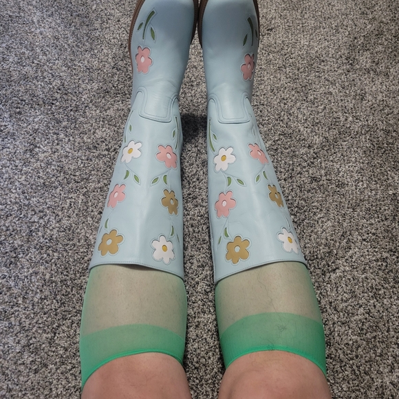 Anthropologie Light Blue Leather Floral Mid-Calf Heeled Boots - Picture 7 of 9